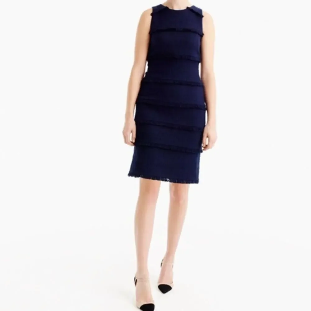 NWT J Crew 100% Cotton Navy Blue Fringy Tweed Sleeveless Sheath Dress • Size 6